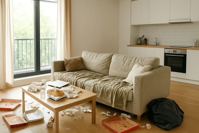 A messy kitchen with dirty dishes and cluttered counters before cleaning.